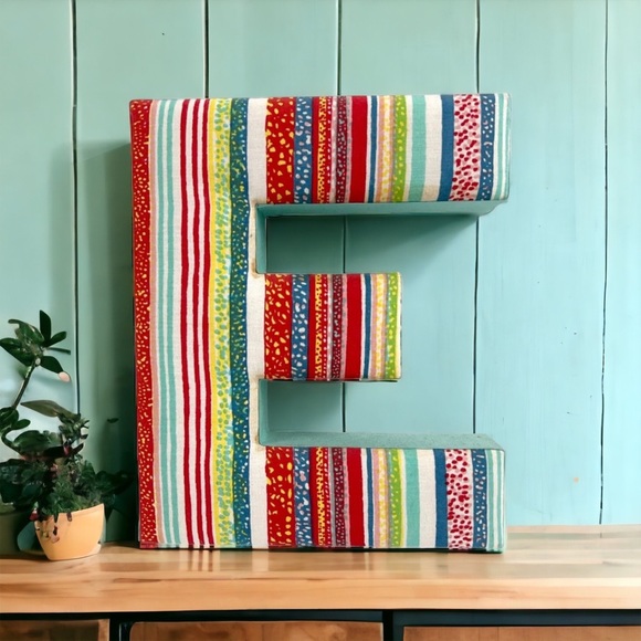 Anthropologie Other - Anthropologie Fabric Initial Letter E Monogram Striped Blue Red Wall Art